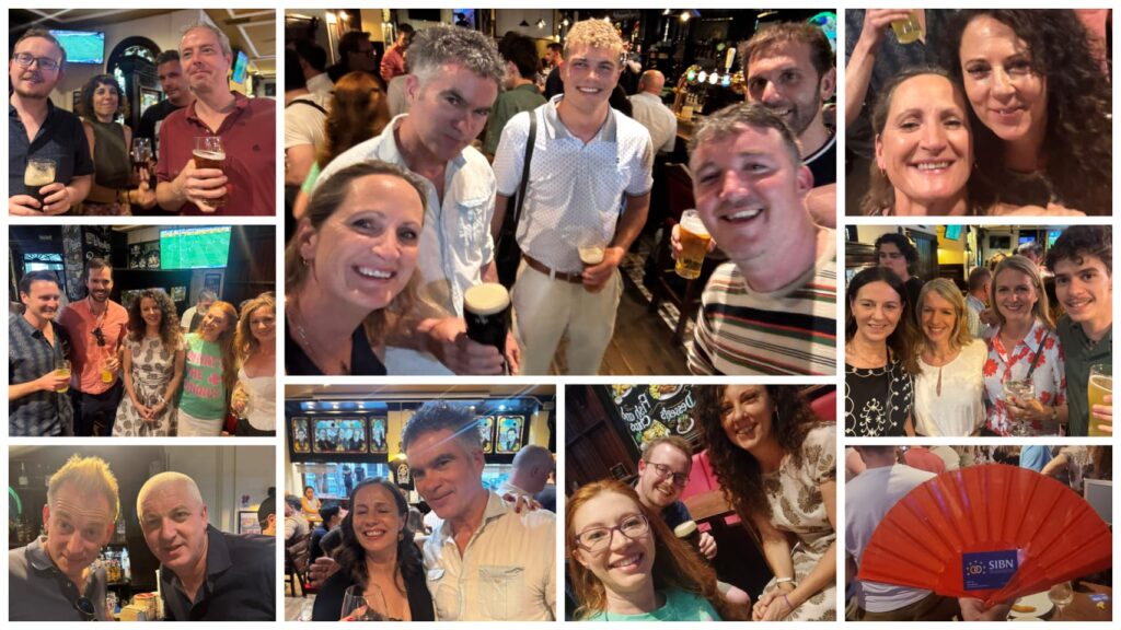 networking summer drinks sibn spanish irish business network collage people happy at james joyce irish pub in madrid